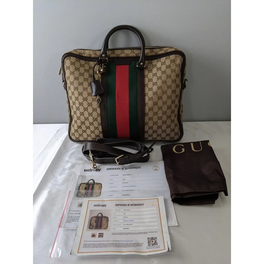 Gucci GG Canvas Web Stripe Briefcase Brown Leather Laptop Bag 246432 COA